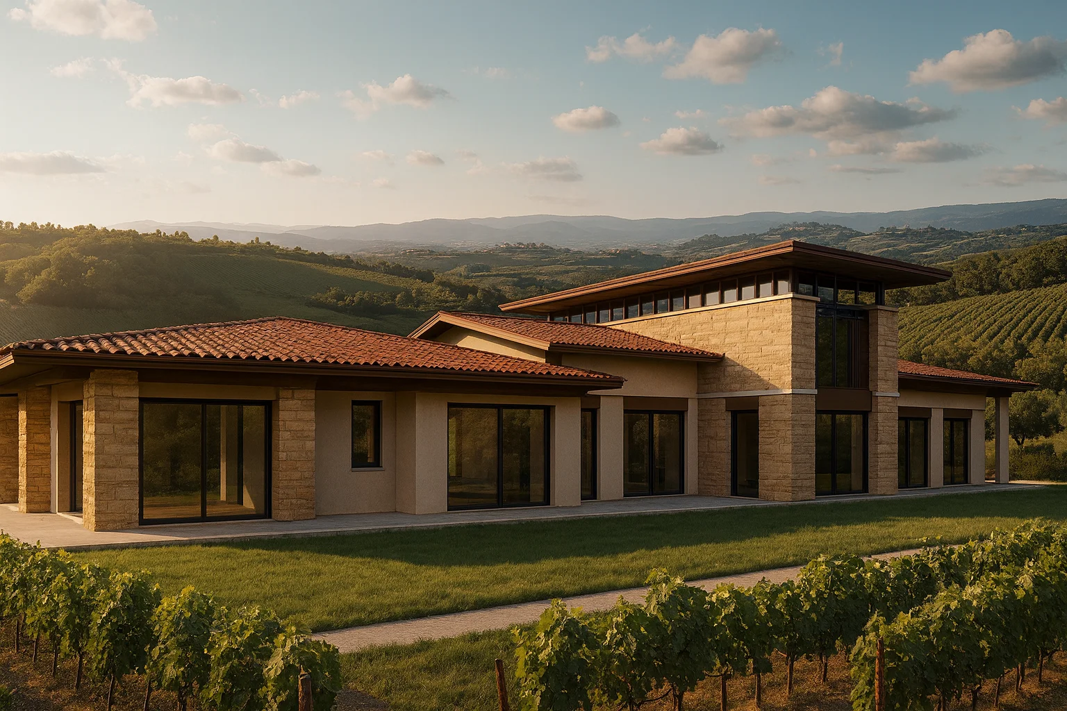 Render della villa a Treville: vetrate, pietra e copertura in cotto affacciate sul paesaggio