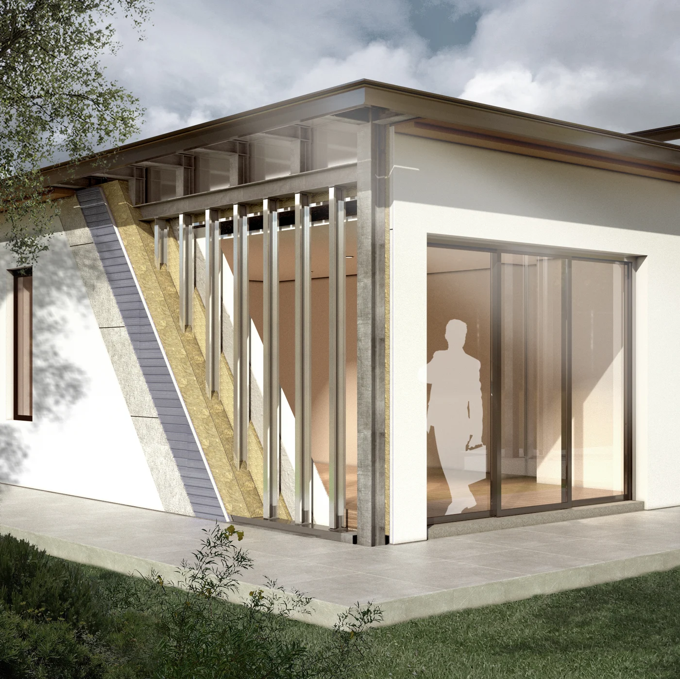 Render tecnico di Villa Vinci con struttura in acciaio e stratigrafia isolante della parete in vista